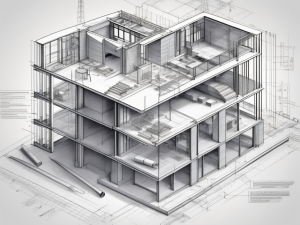 An intricate construction blueprint overlaying a partially completed building