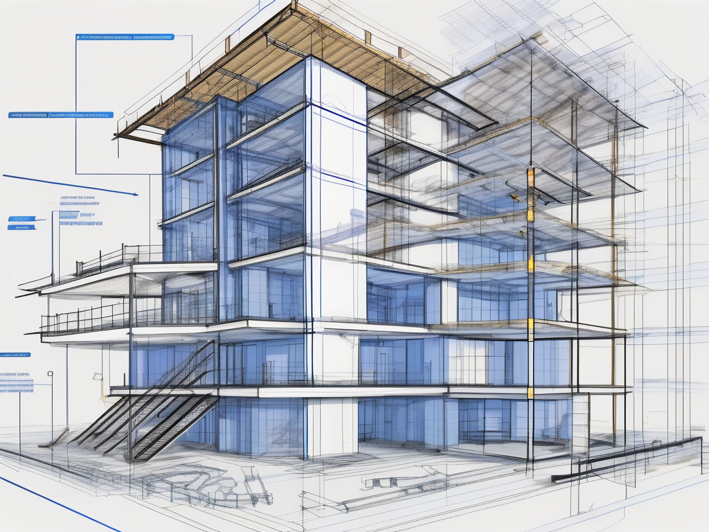 An architectural blueprint overlaid with construction tools