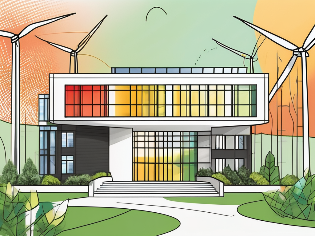 Draw an illustration of a modern building with a vibrant energy label prominently displayed on its facade