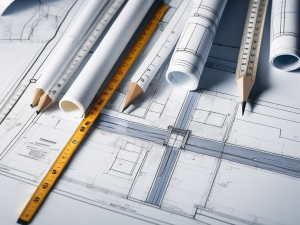 An architectural blueprint spread out on a drafting table